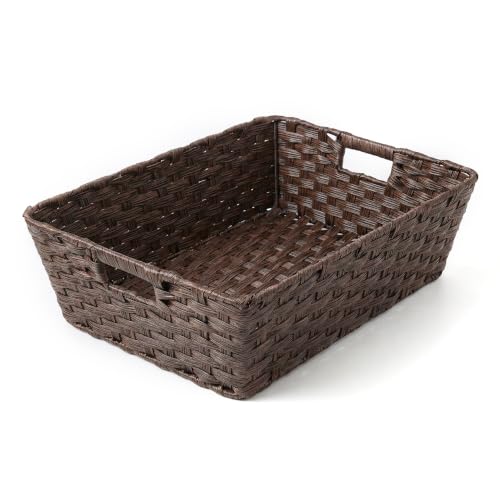 Large 2 Pack Plastic Wicker Storage Baskets (17" x 13" x 5.5" / Brown)