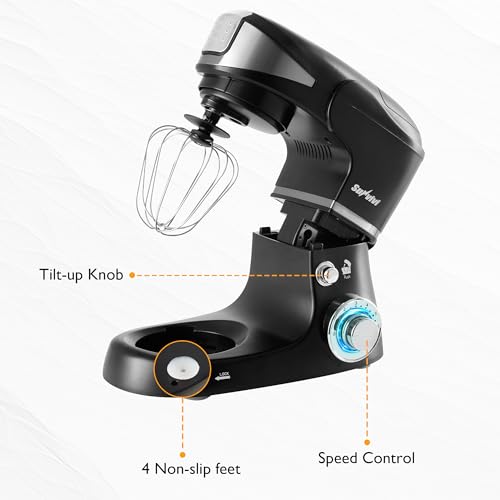 6-in-1 Multifunctional Stand Mixer, 6.5QT Tilt-Head Dough Mixer, Electric Stand Mixer with Stainless Steel Bowl for Cake, Bread, and Dough, with Meat Grinder, Juice Blender & Pasta Maker (Black)