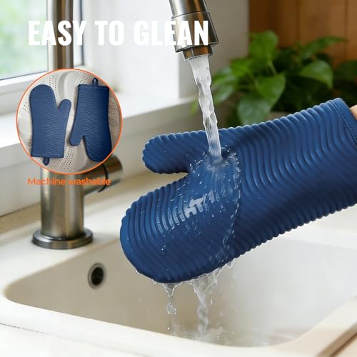 Silicone Oven Mitts (2PCS-12"L x 7"W/BLUE-WAVE SURFACE)