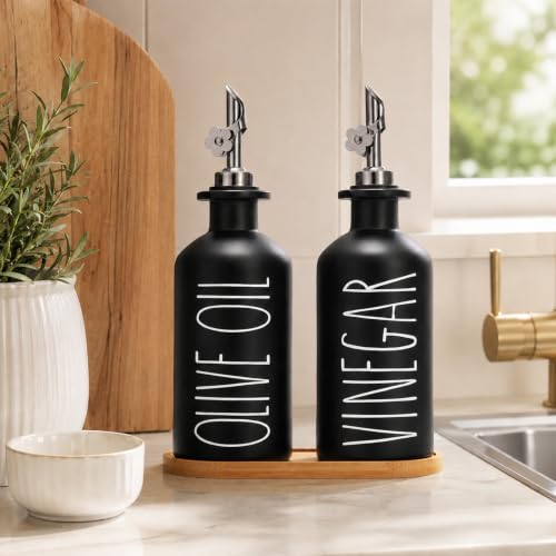 Premium Olive Oil Dispenser for Kitchen (Black+Tray / 11.8 fl oz)