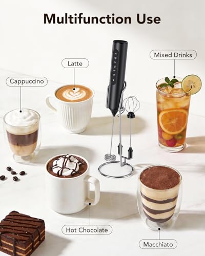 3-in-1 Electric Milk Frother with Stand, Rechargeable LED Display & 3 Speeds - Portable Whisk for Coffee, Protein Shakes, Baking - Makes Latte, Cappuccino, Matcha Foam -Blk (Rechargeable with stand) (black-5)