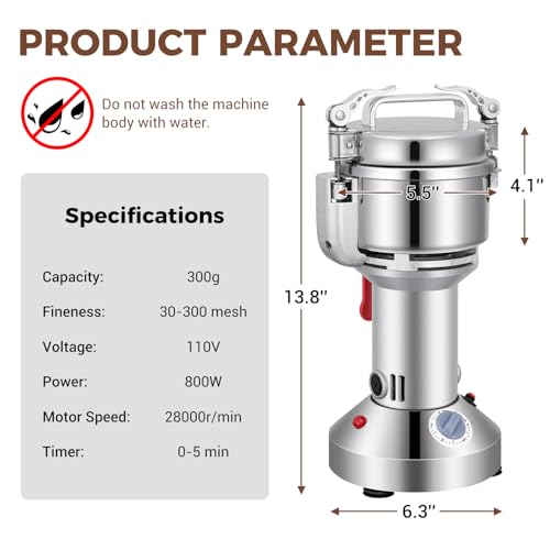 Grain Mill 300g Commercial Spice Grinder Electric 1200W Stainless Steel Pulverizer Dry Grinders for Grinding Wheat (300G)