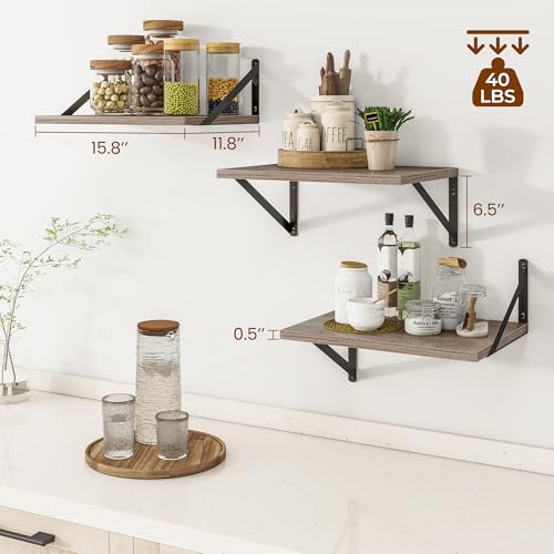 16W x 12D Deep Floating Shelves Set of 3 Grey (Grey With Black Metal Bracket / 16wx12dx5.8h)