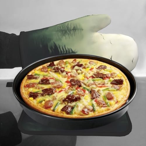 Green Misty Forest Oven Mitts and Pot Holder Set of 2 Mountain Woodland Heat Resistant Kitchen Gloves Hot Pad for Baking Cooking Microwave (Green Forest)