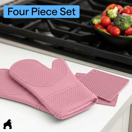 BPA Free Silicone Oven Mitts and Pot Holders Set (Pink / 12.5" Oven Mitts + 7" Trivets)