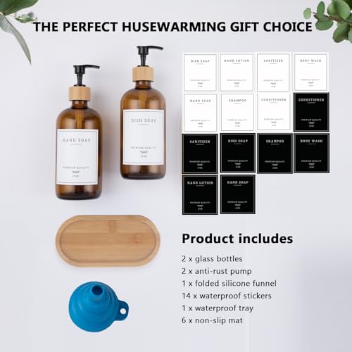 Amber Glass Soap Dispenser (Amber Bottle + 14 Labels + Funnel + Tray)