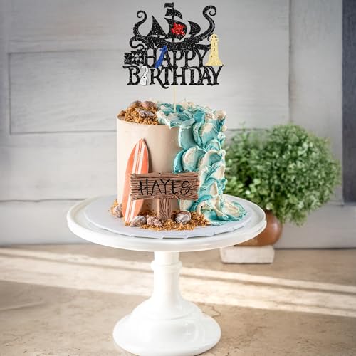 1Pcs Pirates Happy Birthday Cake Topper Pirate Ship Nautical Cake Pick for Pirates Theme Baby Shower Birthday Party Cake Decorations Supplies Gold (Gold 5)