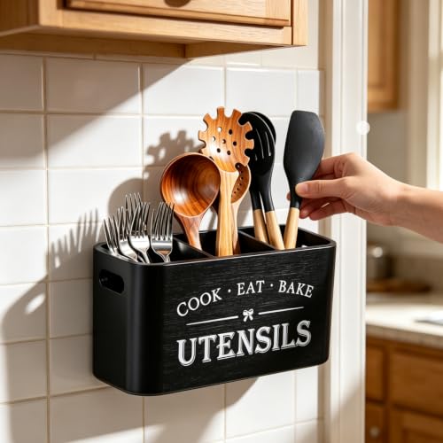 Wooden Kitchen Utensil Holder Organizer for Counter or Countertop (black / 3 Compartment)