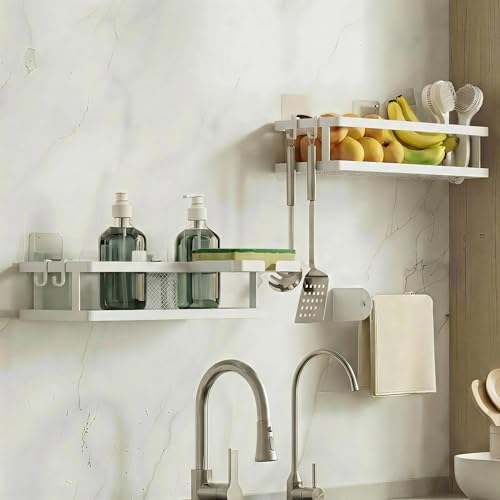 5-in-1 Shower Caddy & Kitchen Organizer Set, Wall Mount Wide Spice Rack with Paper Towel Holder, Utensil Holder, Soap Dish, Rustproof Mesh Baskets Hold 50LBS - White, Guardrail (White / 5-in-1 Minimalist (12.6" Wide))