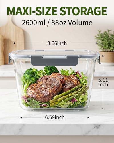 2 Pack 88oz 11 Cups Large Glass Storage Containers with Lids (2600ML*2)