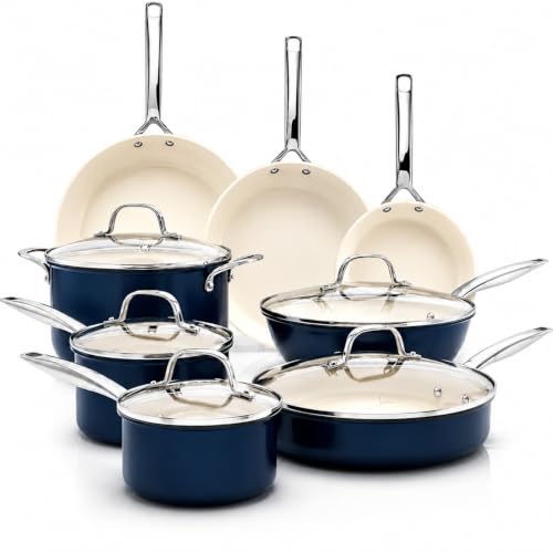PRO 13pc Anodized Pots and Pans Set Non Stick Ceramic Cookware (Navy / 13 Pc Set)