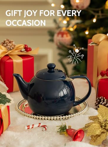 Teapot Porcelain Tea Pot with Stainless Steel Infuser (Navy / 27oz (with infuser))