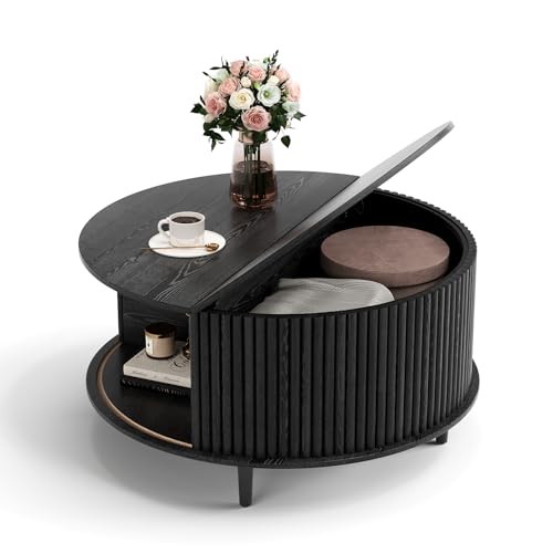 Round Coffee Table with Storage for Living Room (Charcoal Black)