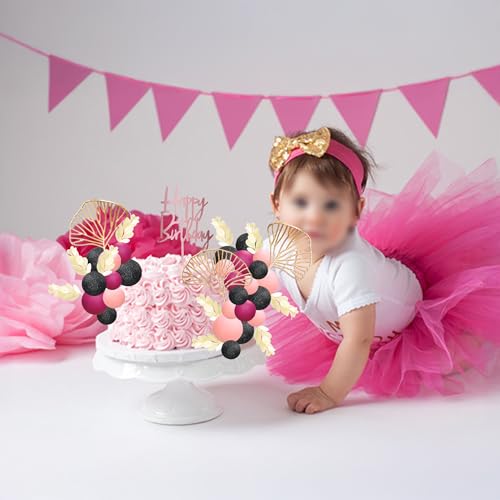 57Pcs Balls Cake Topper Boho Grass Cake topper Pearl Balls Acrylic Happy Birthday Cake Decorations for Wedding Baby Shower Birthday Boho Themed Party Supplies Black Pink Rose Red (Black Pink Rose Red)