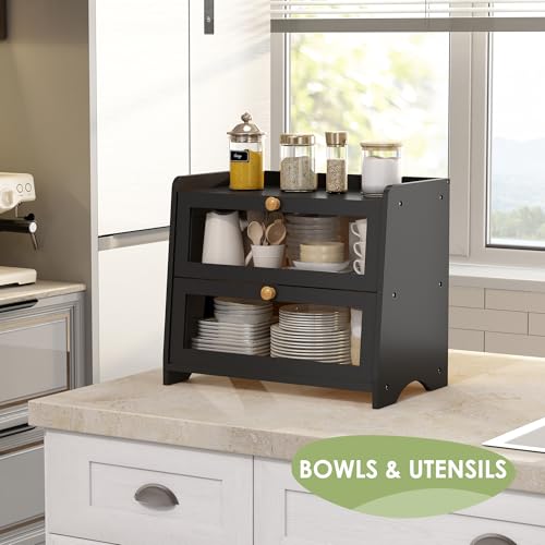 Double Layer Bread Box Container for Kitchen Countertop Homemade Bread (Black / 2 Tier-Medim)