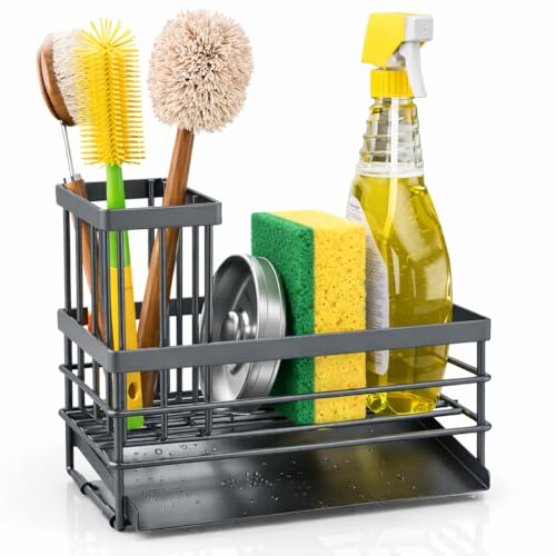 Sink Caddy Sponge Holder for Kitchen with Brush Holder and Stainless Steel Self Drain Tray (8.26'' / Gray)