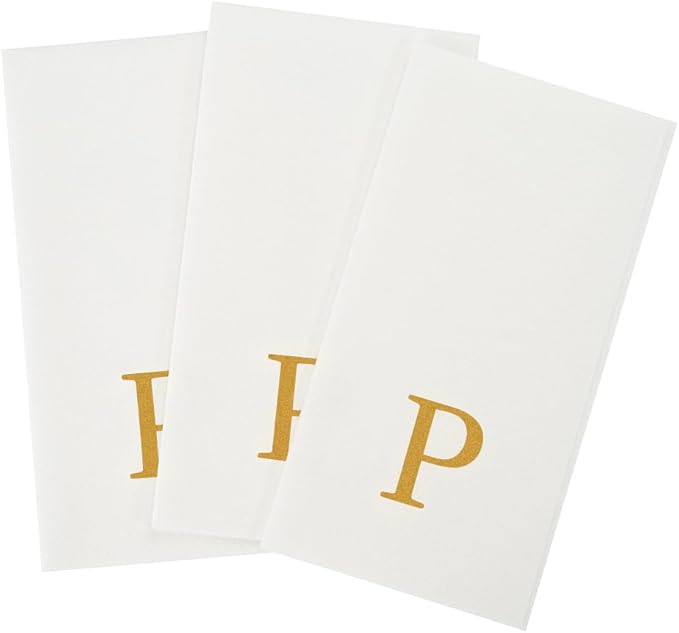 Luxenap 15.8 X 7.9 Inch Linen-Feel Guest Towels, 2000 Lettered Hand Towels - Gold Letter 'P', Sans Serif Font, White Paper Dinner Napkins, airlaid, For Restrooms And Tables
