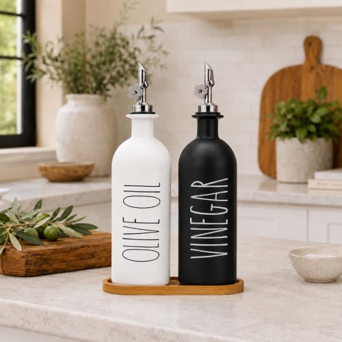 16oz Olive Oil Dispenser Bottles for Kitchen (Black&White+Tray / 16 fl oz)