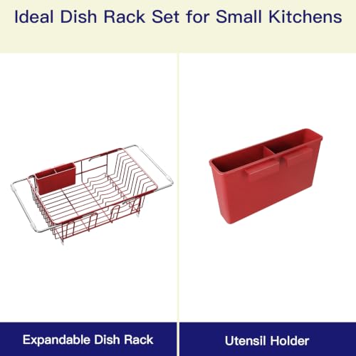 Red Expandable Dish Drying Rack Over Sink with Anti (Red / For 11.5"-16" W Sink with Cup Holder)