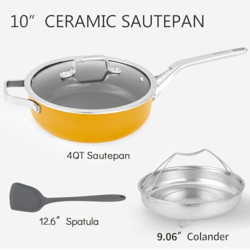 10-in-1 Yellow Ceramic Nonstick Deep Saute Pan Set With Steamer & Lid, 4QT (Yellow)
