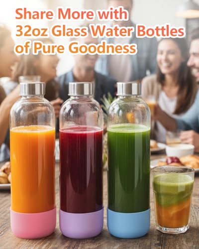 32oz Large Glass Juice Bottles With Stainless Steel Lids (Pink-Lilac-Blue)