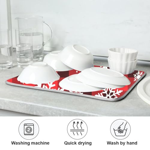 Snowflakes Christmas Tartan Plaid Dish Drying Mat for Kitchen Counter Absorbent Microfiber Drying Pad (16" x 18")