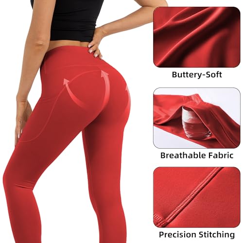 Butt Lifting High Waist Leggings for Women Buttery Soft Yoga Pants with Pockets Moisture (Medium / Red)