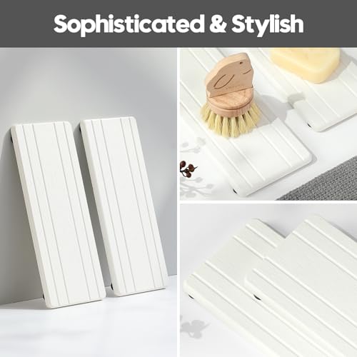 2PCS Diatomite Quick Stone Drying Tray Mat for Bathroom & Kitchen Counter (2 Pack - Natural White Grooved / 9" x 3.5")