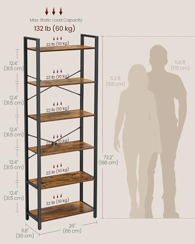 6 Tier Bookshelf (Rustic Brown + Ink Black / 6 Tiers (11.8"D x 26"W) / Without Back Panels)