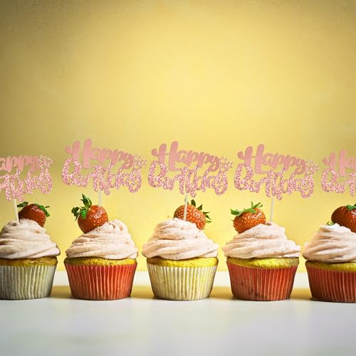 24Pcs Rose Gold Happy Birthday Cupcake Toppers for Baby Shower (24 Count)