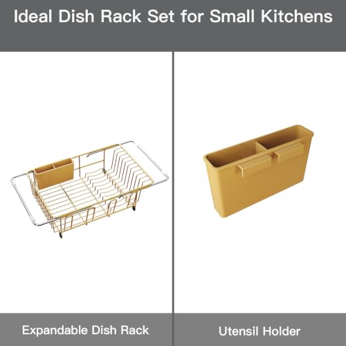 Gold Expandable Dish Drying Rack Over Sink with Anti (Gold / For 11.5"-16" W Sink with Cup Holder)