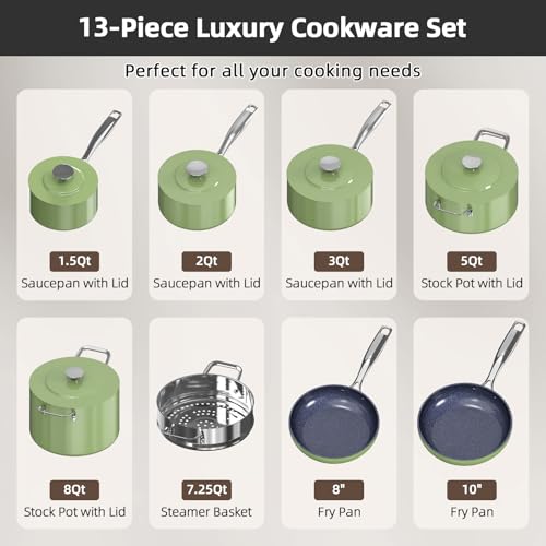 Lux 13pc Forged Lightweight Nonstick Ceramic Cookware Set (Avocado)