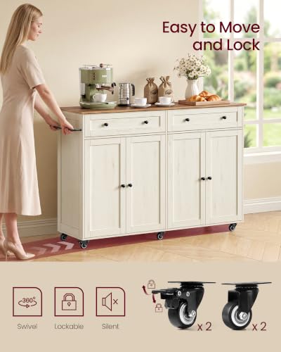 Mobile Kitchen Wooden Island Cart with Storage for Dining Room (Rustic White + Honey Brown / 15.8"D x 53.7"W x 35.1"H)