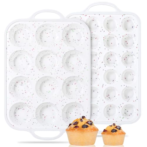 12 Cups & 24 Cups Silicone Muffin Pan with Metal Frame (White Confetti / Regular & Mini)