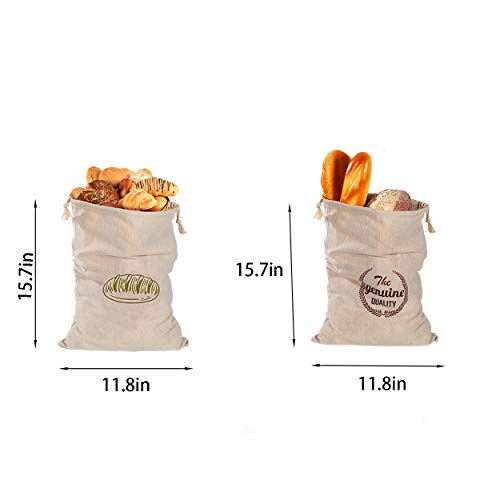 Natural Linen Bread Bags 2Pack 100% Flax Linen for Homemade Bread Reusable Food Storage Bags Reusable Bread Bags for Large Loaf Bakery & Baguette