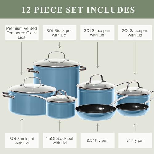 Healthy Duralon Blue Ceramic Nonstick Cookware Set (Cozy Blue / 12pc Cookware Set / Cookware Set)