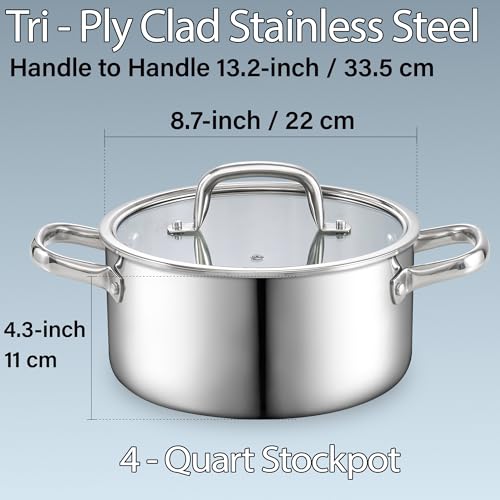 4 Quart Tri Ply Clad Stainless Steel Stock Pot with Lid (4 Quarts / Silver)