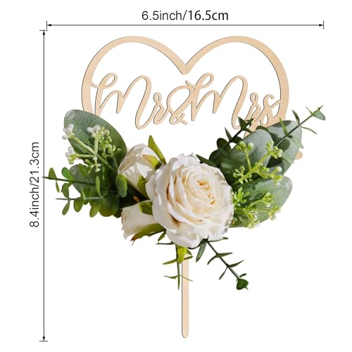 Mr & Mrs Wedding Cake Topper in Wood Heart Cake Topper with Flowers and Leaves (Premium)