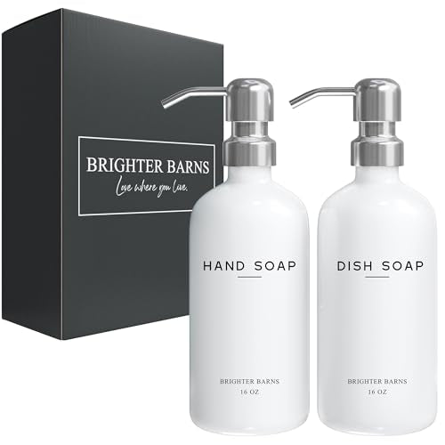 White Glass Hand and Dish Soap Dispenser Set by Brighter Barns (Silver Hd)