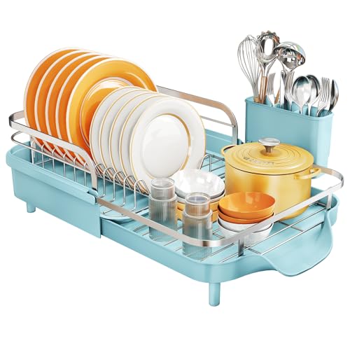 Expandable Dish Drying Rack for Kitchen Counter (Blue)