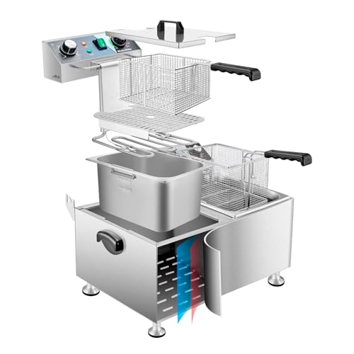 Deep Fryer Commercial Deep Fryers With Basket13Lx2 13.7Qt x 2 Thicken With Precise Temperature Control Timer Double Deep Fryer With 2 Baskets1800Wattsx2 120V Countertop Fryer Restaurant (26L 3600W)