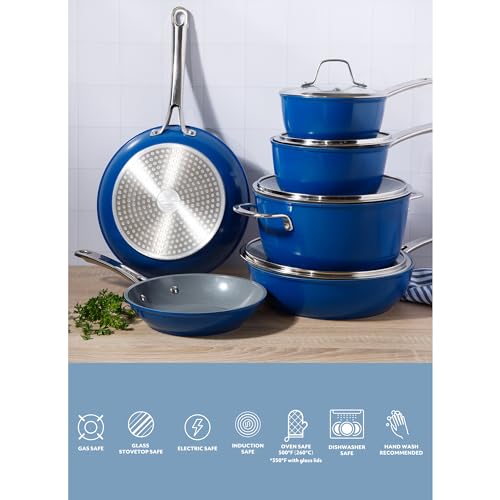Kitchen Essentials Cool Commune Hard Anodized 10 Piece PFA Free Ceramic Non stick Interior Forged Durable Aluminum Pots and Pans Cookware Set (10-Piece Cookware Set (Hard Anodized Aluminum) / Blue (Hard Anodized Aluminum))