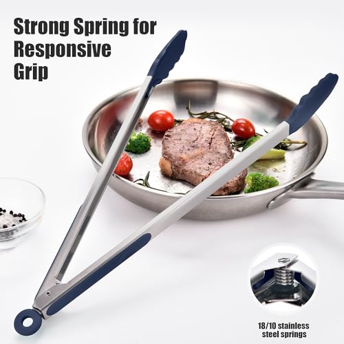 Kitchen Tongs with Silicone Tips for Cooking Serving (16in / Navy Blue)