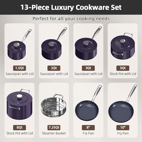 Lux 13pc Forged Lightweight Nonstick Ceramic Cookware Set (Eggplant)