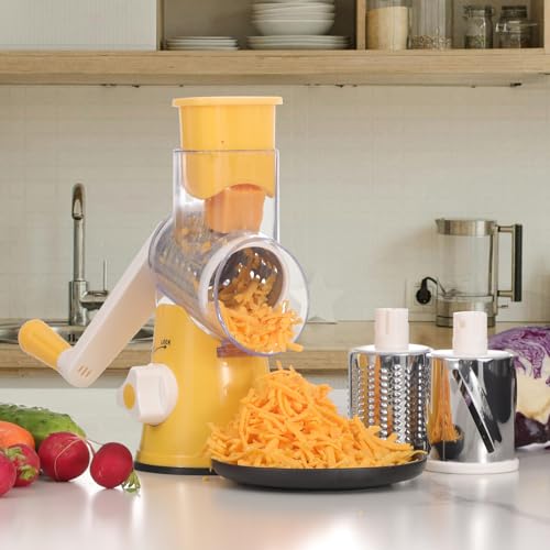 Rotary Cheese Grater Hand Crank Cheese Shredder for Fresh Cheese (3 BLADES / Yellow)