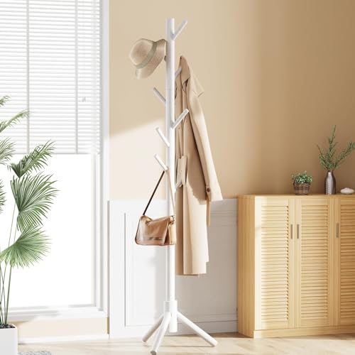 Solid Wooden Coat Rack Freestanding with 8 Hooks (White)