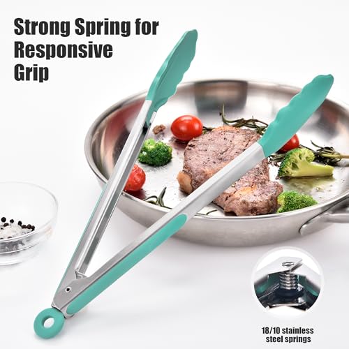 Kitchen Tongs with Silicone Tips for Cooking Serving (12in / Aqua Sky)