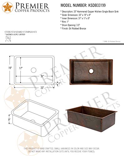 KSDB33199 33 Inch Hammered Copper Kitchen Single Basin Sink (33" x 19" x 9")