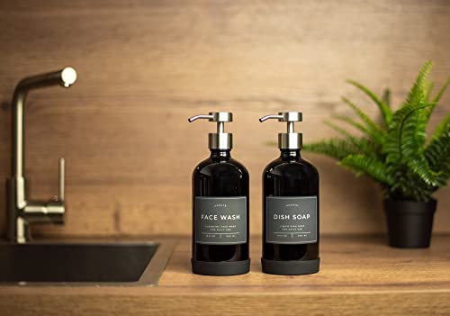 Hand and Dish Soap Dispenser for Kitchen and Bathroom (Gloss Black Bottle / Brushed Silver Pump)