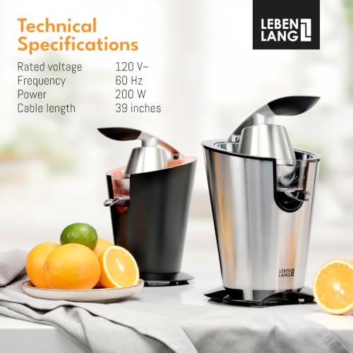 Stainless Steel Electric Orange Juicer 200W I Incl. Stainless Steel Cone & BPA (Black)